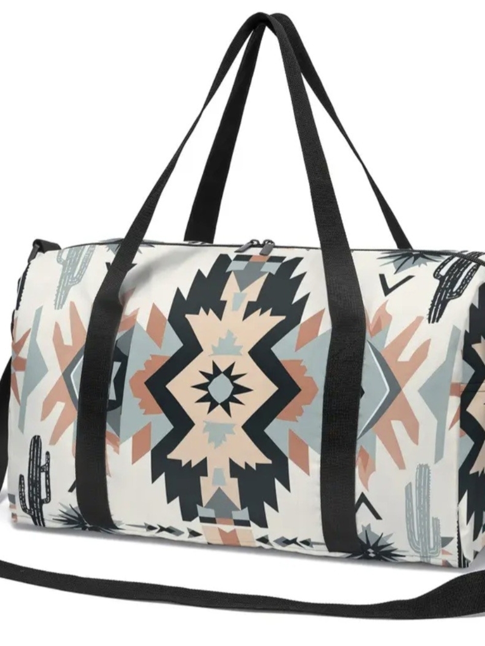 Patterned Canvas Duffel Bag - Cream, Black & Coral